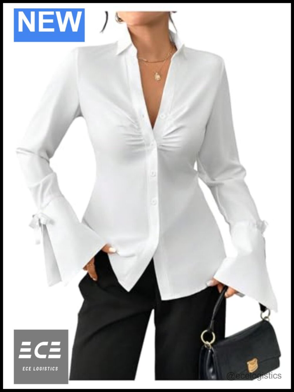 Women's Bow Flounce Sleeve Button Up Dressy Blouse Collared Shirt